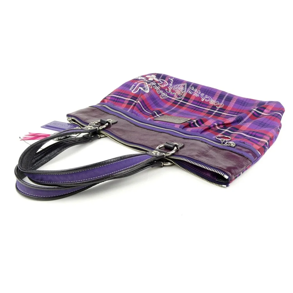 Coach Poppy Purple Plaid Large Shoulder Bag Tote 15886